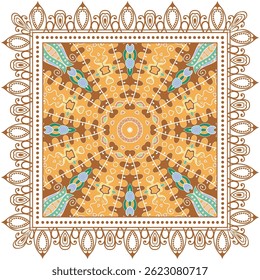 Decorative doodle ornament, symmetric pattern with lace frame. Tribal ethnic mandala decor. Bandana shawl, hijab, tablecloth fabric print, silk neck scarf, kerchief design. Colorful vector background
