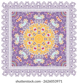 Ornamento decorativo doodle, padrão simétrico com quadro de renda. Decoração de mandala étnica tribal. Xale de Bandana, hijab, impressão de tecido de toalha de mesa, cachecol de pescoço de seda, design de lenço. Fundo de vetor colorido