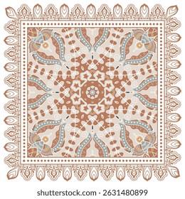 Ornamento decorativo doodle, padrão simétrico com quadro de renda. Decoração de mandala étnica tribal. Xale de Bandana, hijab, impressão de tecido de toalha de mesa, cachecol de pescoço de seda, design de lenço. Fundo de vetor colorido