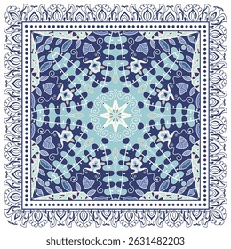 Ornamento decorativo doodle, padrão simétrico com quadro de renda. Decoração de mandala étnica tribal. Xale de Bandana, hijab, impressão de tecido de toalha de mesa, cachecol de pescoço de seda, design de lenço. Fundo de vetor colorido