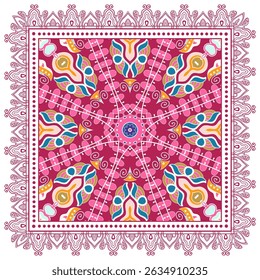Ornamento decorativo doodle, padrão simétrico com quadro de renda. Decoração de mandala étnica tribal. Xale de Bandana, hijab, impressão de tecido de toalha de mesa, cachecol de pescoço de seda, design de lenço. Fundo de vetor colorido