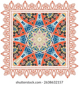 Decorative doodle ornament, symmetric pattern with lace frame. Tribal ethnic mandala decor. Bandana shawl, hijab, tablecloth fabric print, silk neck scarf, kerchief design. Colorful vector background