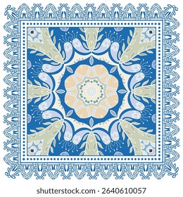 Decorative doodle ornament, symmetric pattern with lace frame. Tribal ethnic mandala decor. Bandana shawl, hijab, tablecloth fabric print, silk neck scarf, kerchief design. Colorful vector background