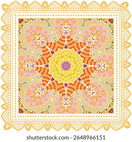 Ornamento decorativo doodle, padrão simétrico com quadro de renda. Decoração de mandala étnica tribal. Xale de Bandana, hijab, impressão de tecido de toalha de mesa, cachecol de pescoço de seda, design de lenço. Fundo de vetor colorido
