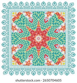Ornamento decorativo doodle, padrão simétrico com quadro de renda. Decoração de mandala étnica tribal. Xale de Bandana, hijab, impressão de tecido de toalha de mesa, cachecol de pescoço de seda, design de lenço. Fundo de vetor colorido