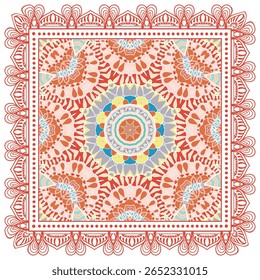 Ornamento decorativo doodle, padrão simétrico com quadro de renda. Decoração de mandala étnica tribal. Xale de Bandana, hijab, impressão de tecido de toalha de mesa, cachecol de pescoço de seda, design de lenço. Fundo de vetor colorido