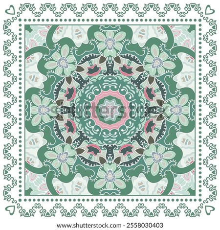 Decorative doodle ornament, symmetric pattern with lace frame. Tribal ethnic mandala decor. Bandana shawl, hijab, tablecloth fabric print, silk neck scarf, kerchief design. Colorful vector background