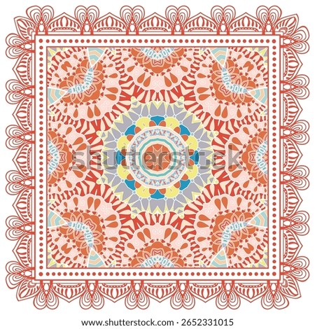 Decorative doodle ornament, symmetric pattern with lace frame. Tribal ethnic mandala decor. Bandana shawl, hijab, tablecloth fabric print, silk neck scarf, kerchief design. Colorful vector background