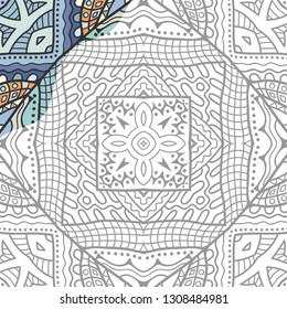 Decorative doodle pattern for coloring book. Hand drawn fantasy line art, floral geometric ornament for painting, coloring page. Tribal ethnic decoration. Black and white with sample of colors