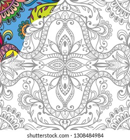 Decorative doodle pattern for coloring book. Hand drawn fantasy line art, floral geometric ornament for painting, coloring page. Tribal ethnic decoration. Black and white with sample of colors