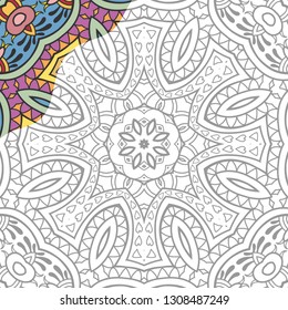 Decorative doodle pattern for coloring book. Hand drawn fantasy line art, floral geometric ornament for painting, coloring page. Tribal ethnic decoration. Black and white with sample of colors