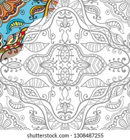 Decorative doodle pattern for coloring book. Hand drawn fantasy line art, floral geometric ornament for painting, coloring page. Tribal ethnic decoration. Black and white with sample of colors