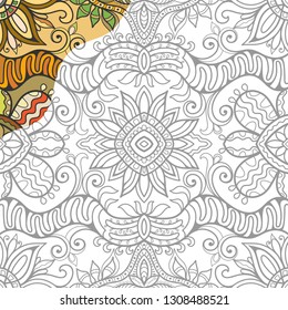 Decorative doodle pattern for coloring book. Hand drawn fantasy line art, floral geometric ornament for painting, coloring page. Tribal ethnic decoration. Black and white with sample of colors