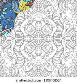 Decorative doodle pattern for coloring book. Hand drawn fantasy line art, floral geometric ornament for painting, coloring page. Tribal ethnic decoration. Black and white with sample of colors