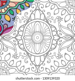 Decorative doodle pattern for coloring book. Hand drawn fantasy line art, floral geometric ornament for painting, coloring page. Tribal ethnic decoration. Black and white with sample of colors