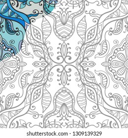 Decorative doodle pattern for coloring book. Hand drawn fantasy line art, floral geometric ornament for painting, coloring page. Tribal ethnic decoration. Black and white with sample of colors