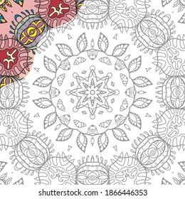Decorative doodle pattern for coloring book. Hand drawn fantasy line art, floral geometric ornament for painting, coloring page. Tribal ethnic decoration. Black and white with sample of colors