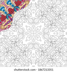 Dekoratives Doodle-Muster für das Farbbuch. Handgezeichnete Fantasy-Linie-Kunst, Blumengeometrie-Ornament für Malerei, Farbseite. Ethnische Dekoration der Stämme. Schwarz-Weiß mit Farbstichproben