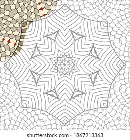 Decorative doodle pattern for coloring book. Hand drawn fantasy line art, floral geometric ornament for painting, coloring page. Tribal ethnic decoration. Black and white with sample of colors
