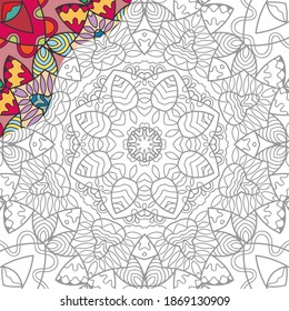 Decorative doodle pattern for coloring book. Hand drawn fantasy line art, floral geometric ornament for painting, coloring page. Tribal ethnic decoration. Black and white with sample of colors