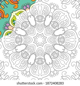 Decorative doodle pattern for coloring book. Hand drawn fantasy line art, floral geometric ornament for painting, coloring page. Tribal ethnic decoration. Black and white with sample of colors