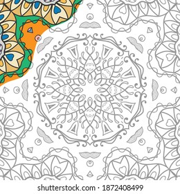 Decorative doodle pattern for coloring book. Hand drawn fantasy line art, floral geometric ornament for painting, coloring page. Tribal ethnic decoration. Black and white with sample of colors