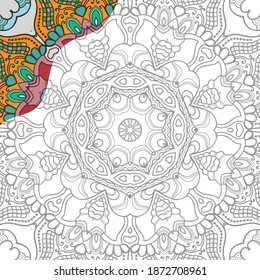 Decorative doodle pattern for coloring book. Hand drawn fantasy line art, floral geometric ornament for painting, coloring page. Tribal ethnic decoration. Black and white with sample of colors