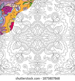 Decorative doodle pattern for coloring book. Hand drawn fantasy line art, floral geometric ornament for painting, coloring page. Tribal ethnic decoration. Black and white with sample of colors