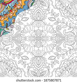 Dekoratives Doodle-Muster für das Farbbuch. Handgezeichnete Fantasy-Linie-Kunst, Blumengeometrie-Ornament für Malerei, Farbseite. Ethnische Dekoration der Stämme. Schwarz-Weiß mit Farbstichproben