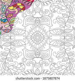 Dekoratives Doodle-Muster für das Farbbuch. Handgezeichnete Fantasy-Linie-Kunst, Blumengeometrie-Ornament für Malerei, Farbseite. Ethnische Dekoration der Stämme. Schwarz-Weiß mit Farbstichproben