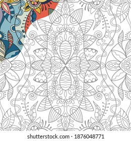 Decorative doodle pattern for coloring book. Hand drawn fantasy line art, floral geometric ornament for painting, coloring page. Tribal ethnic decoration. Black and white with sample of colors