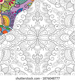 Decorative doodle pattern for coloring book. Hand drawn fantasy line art, floral geometric ornament for painting, coloring page. Tribal ethnic decoration. Black and white with sample of colors