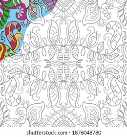 Decorative doodle pattern for coloring book. Hand drawn fantasy line art, floral geometric ornament for painting, coloring page. Tribal ethnic decoration. Black and white with sample of colors