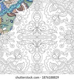 Decorative doodle pattern for coloring book. Hand drawn fantasy line art, floral geometric ornament for painting, coloring page. Tribal ethnic decoration. Black and white with sample of colors