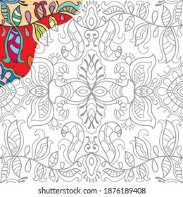 Decorative doodle pattern for coloring book. Hand drawn fantasy line art, floral geometric ornament for painting, coloring page. Tribal ethnic decoration. Black and white with sample of colors