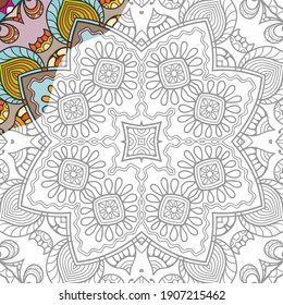 Patrón de doodle decorativo para el libro de colorear. Arte de líneas de fantasía dibujado a mano, ornamento geométrico floral para la pintura, página de color. Decoración étnica tribal. Negro y blanco con muestra de colores