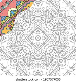 Patrón de doodle decorativo para el libro de colorear. Arte de líneas de fantasía dibujado a mano, ornamento geométrico floral para la pintura, página de color. Decoración étnica tribal. Negro y blanco con muestra de colores