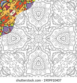 Decorative doodle pattern for coloring book. Hand drawn fantasy line art, floral geometric ornament for painting, coloring page. Tribal ethnic decoration. Black and white with sample of colors