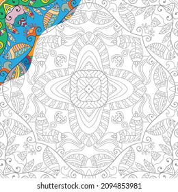 Decorative doodle pattern for coloring book. Hand drawn fantasy line art, floral geometric ornament for painting, coloring page. Tribal ethnic decoration. Black and white with sample of colors