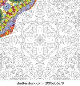 Decorative doodle pattern for coloring book. Hand drawn fantasy line art, floral geometric ornament for painting, coloring page. Tribal ethnic decoration. Black and white with sample of colors