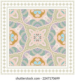 Decorative doodle pattern with geometric frame. Tribal ethnic mandala ornament. Bandana shawl, hijab, tablecloth fabric print, silk neck scarf, kerchief design. Colorful vector background