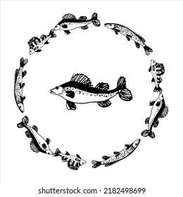 Decorative doodle round wreath of ruff fish