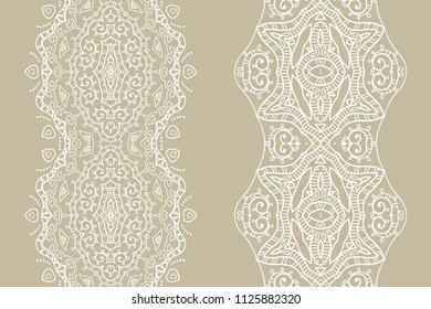 Decorative doodle seamless borders, hand drawn line texture. Tribal ethnic arabic, indian, turkish linear ornament. Isolated design elements. Fashion lace pattern collection