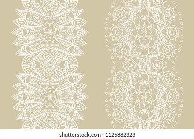 Decorative doodle seamless borders, hand drawn line texture. Tribal ethnic arabic, indian, turkish linear ornament. Isolated design elements. Fashion lace pattern collection