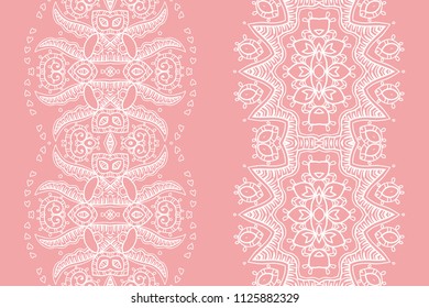 Decorative doodle seamless borders, hand drawn line texture. Tribal ethnic arabic, indian, turkish linear ornament. Isolated design elements. Fashion lace pattern collection