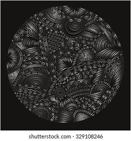 Decorative doodle silver circle - hand drawn style round object with ornament. Patterned mandala. Vector illustration.