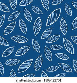 Decorative doodle striped leaf on classic blue background. Seamless style pattern. Suitable for packaging, textile.