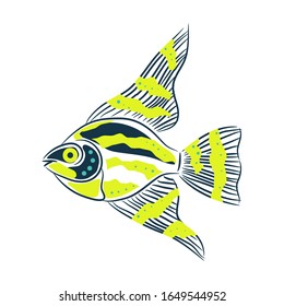 Decorative doodle style fish green and blue colors vector illustration on white.