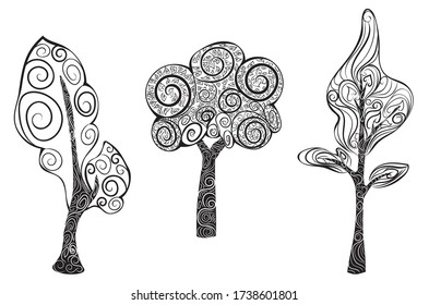 Decorative doodle style trees design on white background.
