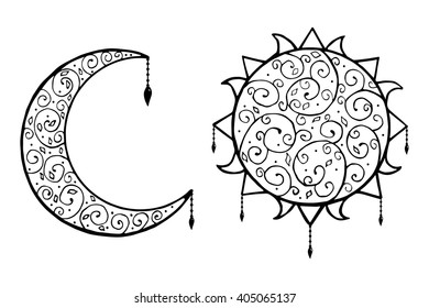 Decorative doodle, sun and moon with  isolated vector illustration. On a white background.